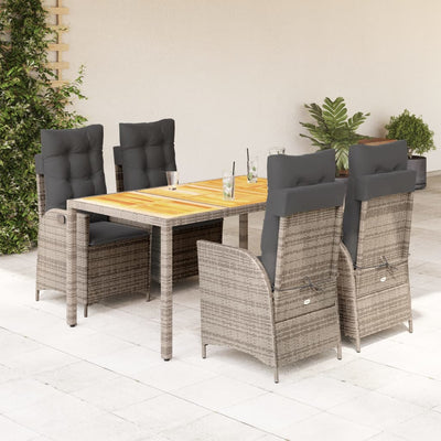 5 Piece Garden Dining Set with Cushions Grey Poly Rattan