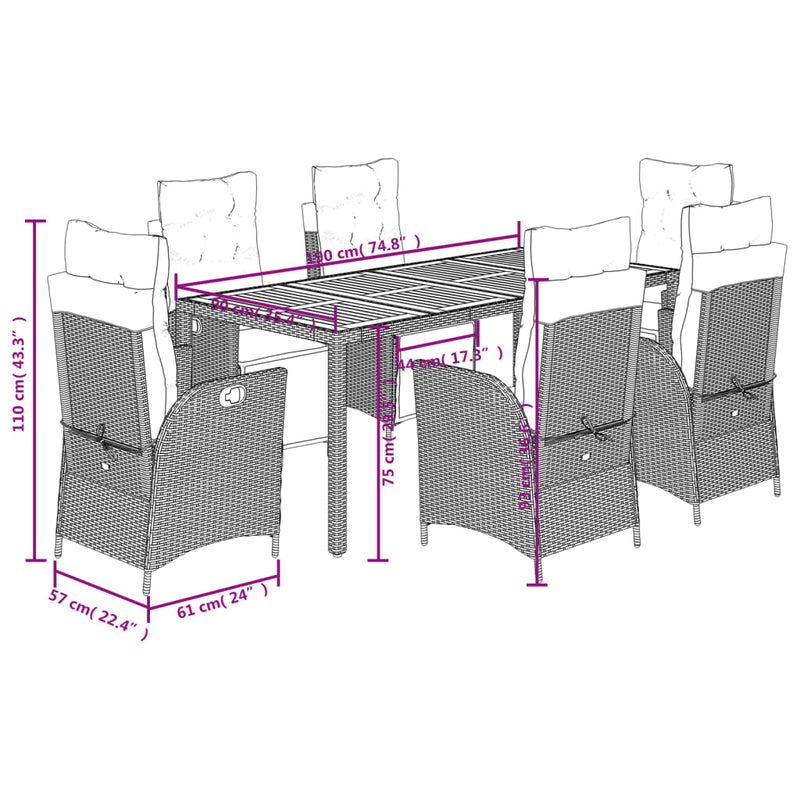 7 Piece Garden Dining Set with Cushions Grey Poly Rattan