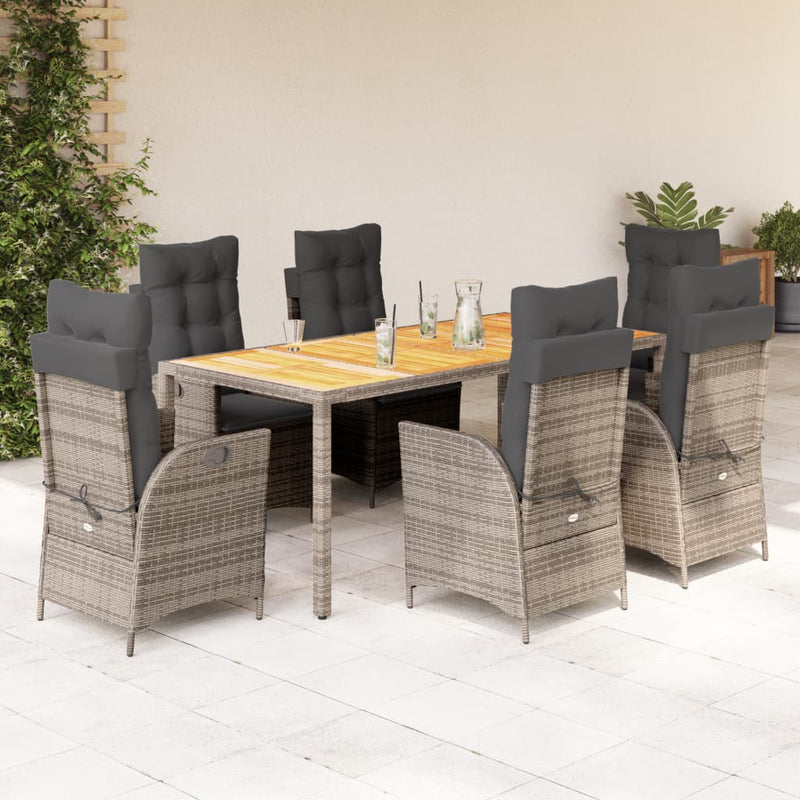 7 Piece Garden Dining Set with Cushions Grey Poly Rattan