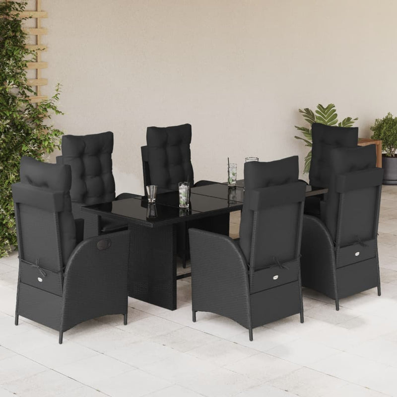 7 Piece Garden Dining Set with Cushions Black Poly Rattan