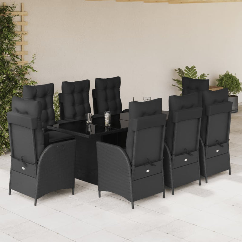 9 Piece Garden Dining Set with Cushions Black Poly Rattan