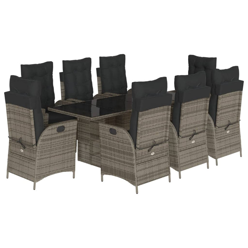 9 Piece Garden Dining Set with Cushions Grey Poly Rattan