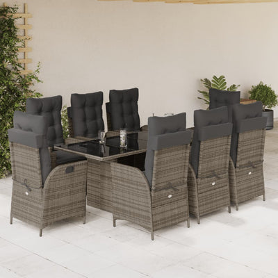 9 Piece Garden Dining Set with Cushions Grey Poly Rattan