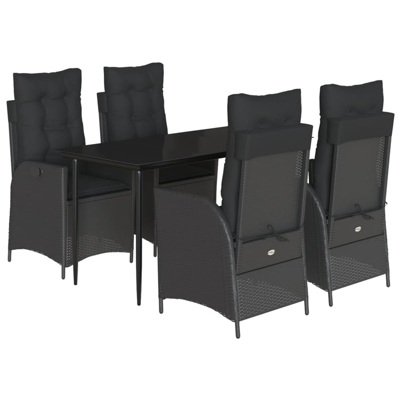 5 Piece Garden Dining Set with Cushions Black Poly Rattan