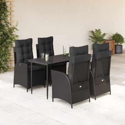 5 Piece Garden Dining Set with Cushions Black Poly Rattan