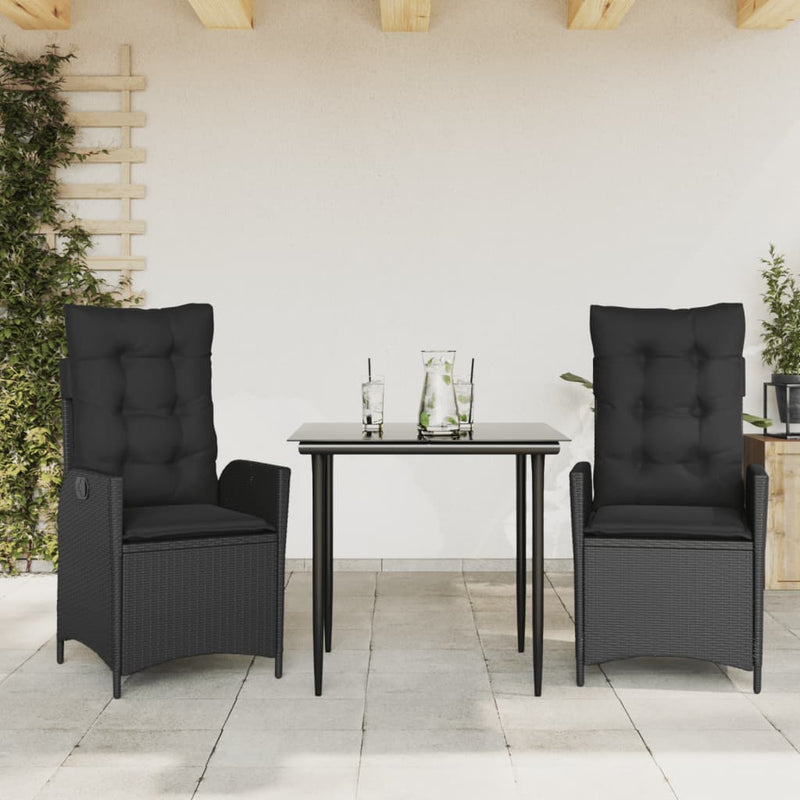 3 Piece Garden Dining Set with Cushions Black Poly Rattan