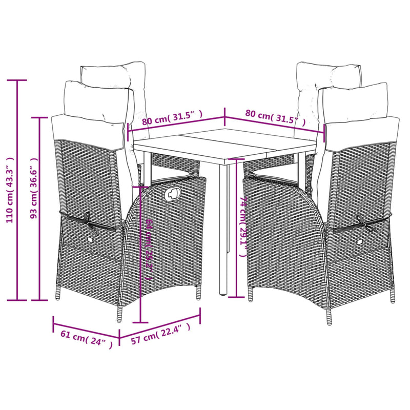 5 Piece Garden Dining Set with Cushions Black Poly Rattan