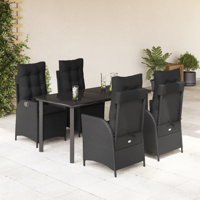 5 Piece Garden Dining Set with Cushions Black Poly Rattan