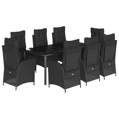 9 Piece Garden Dining Set with Cushions Black Poly Rattan