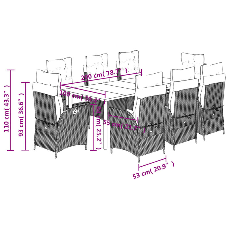 9 Piece Garden Dining Set with Cushions Black Poly Rattan