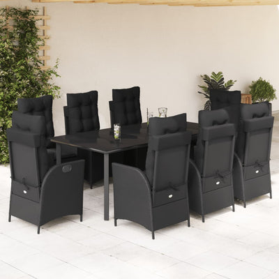 9 Piece Garden Dining Set with Cushions Black Poly Rattan