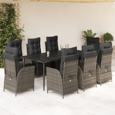 9 Piece Garden Dining Set with Cushions Grey Poly Rattan