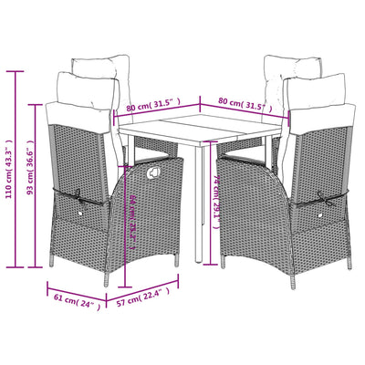 5 Piece Garden Dining Set with Cushions Grey Poly Rattan