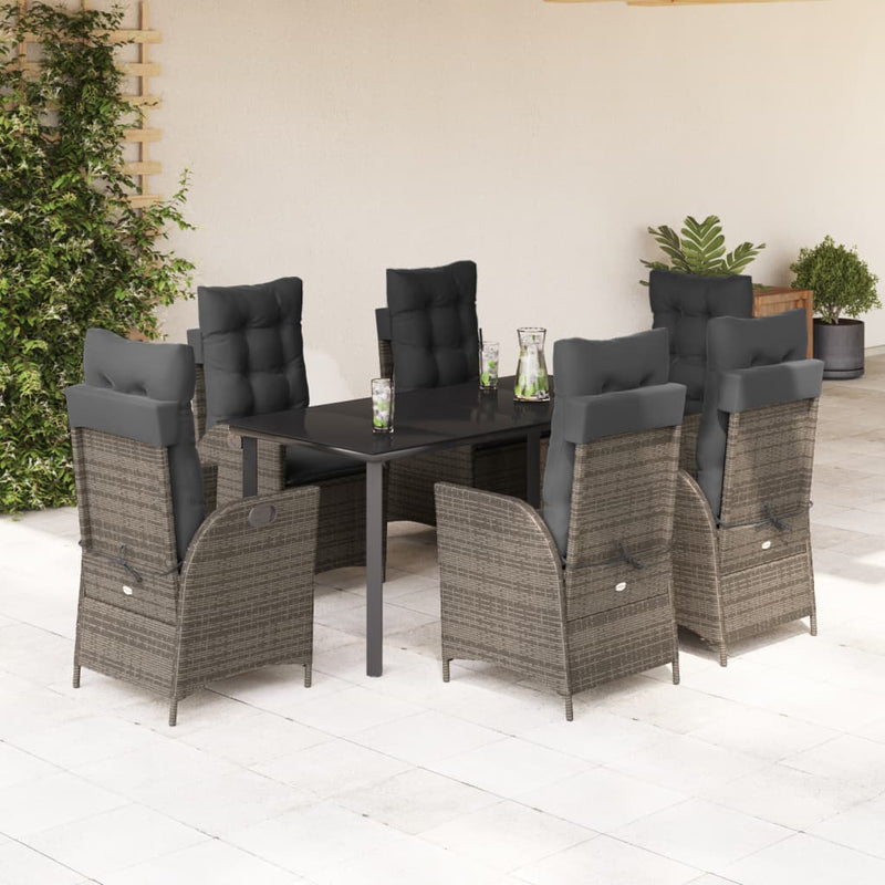 7 Piece Garden Dining Set with Cushions Grey Poly Rattan