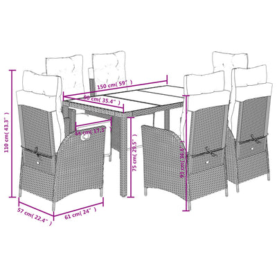 7 Piece Garden Dining Set with Cushions Black Poly Rattan