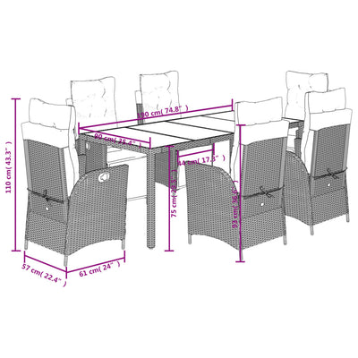 7 Piece Garden Dining Set with Cushions Black Poly Rattan