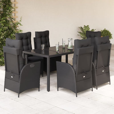 7 Piece Garden Dining Set with Cushions Black Poly Rattan