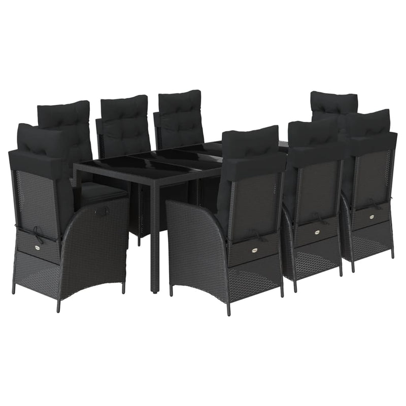 9 Piece Garden Dining Set with Cushions Black Poly Rattan