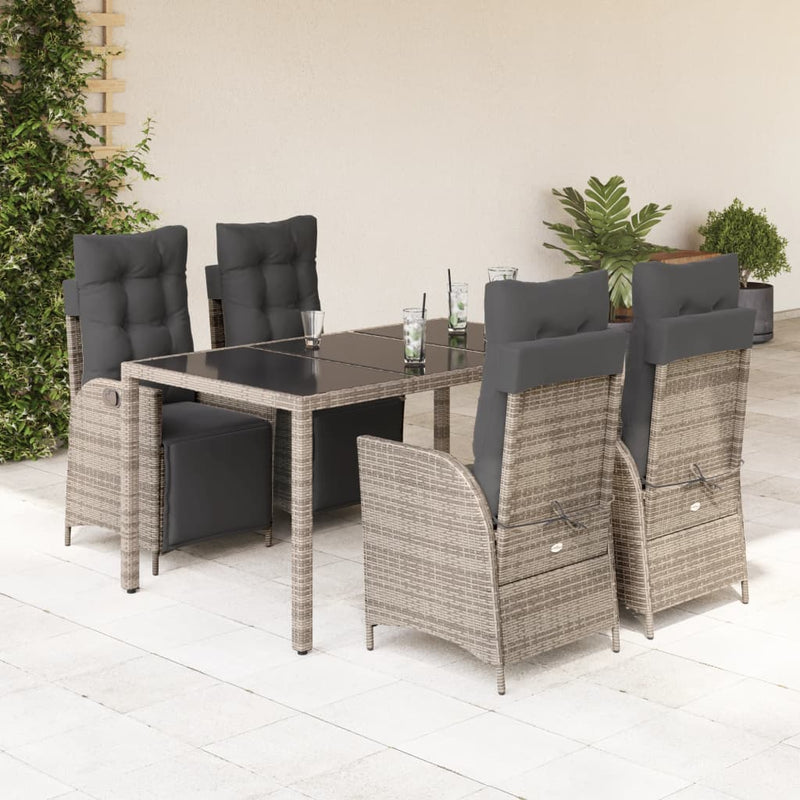 5 Piece Garden Dining Set with Cushions Grey Poly Rattan