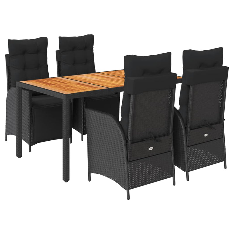 5 Piece Garden Dining Set with Cushions Black Poly Rattan