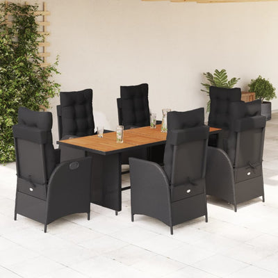 7 Piece Garden Dining Set with Cushions Black Poly Rattan