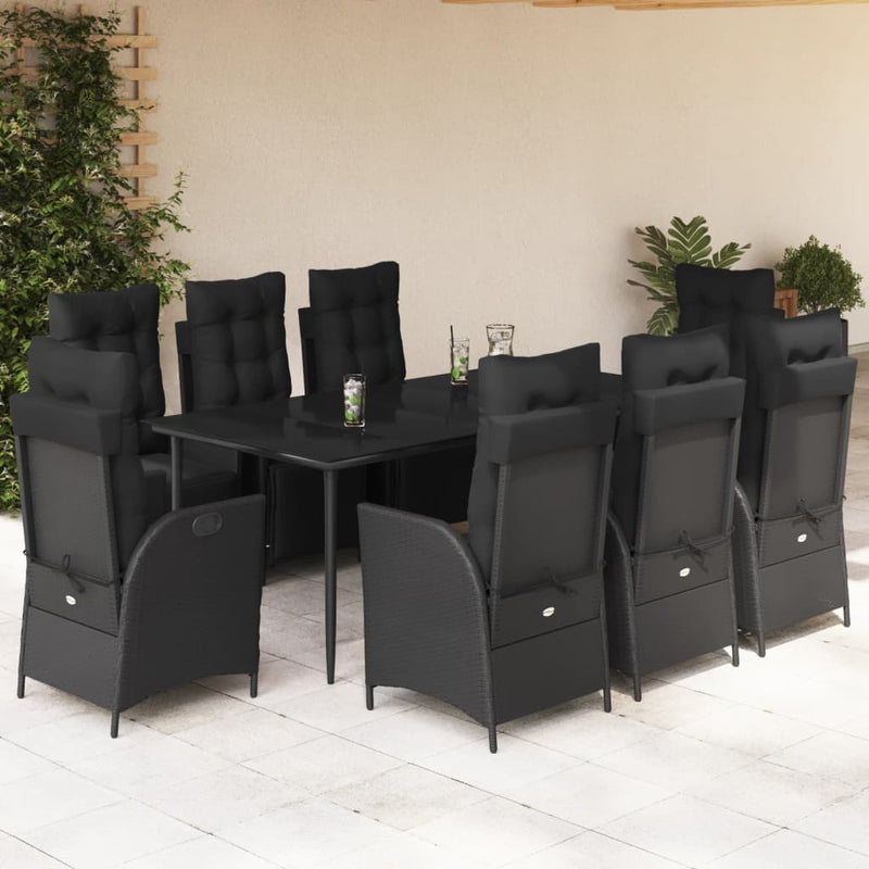 9 Piece Garden Dining Set with Cushions Black Poly Rattan