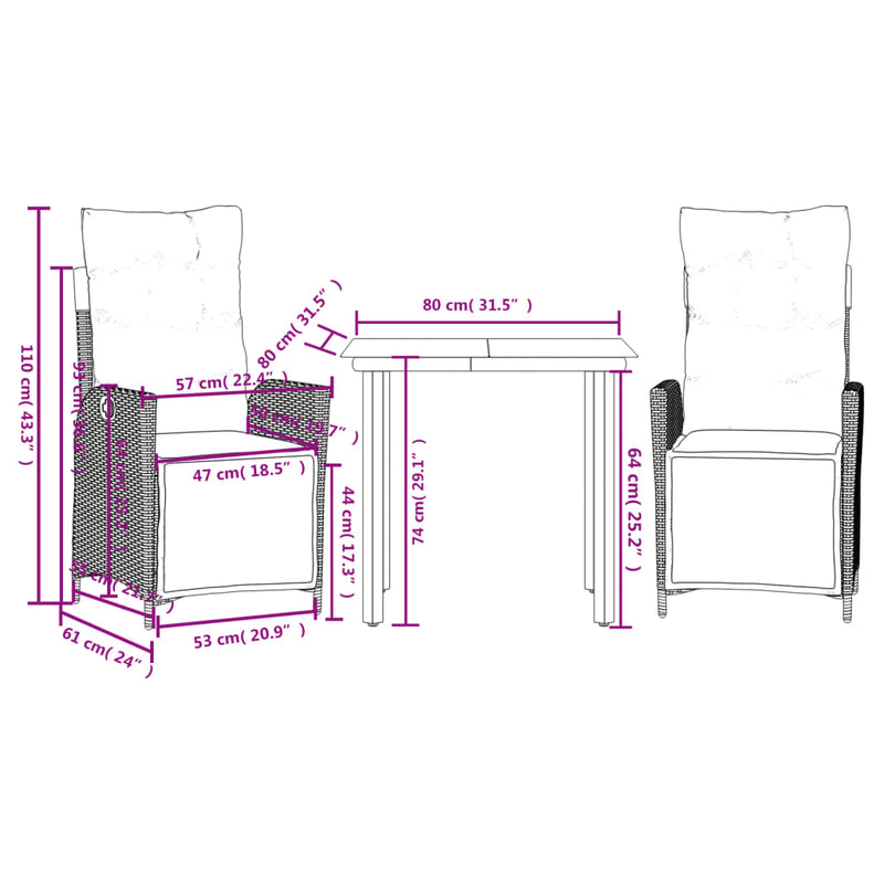 3 Piece Garden Dining Set with Cushions Black Poly Rattan