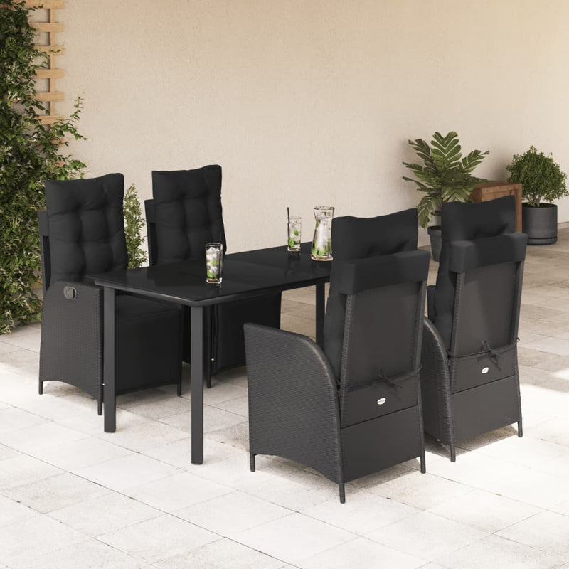 5 Piece Garden Dining Set with Cushions Black Poly Rattan