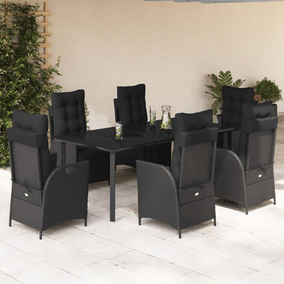 7 Piece Garden Dining Set with Cushions Black Poly Rattan