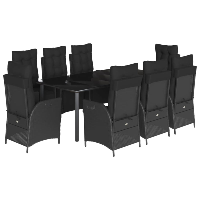 9 Piece Garden Dining Set with Cushions Black Poly Rattan