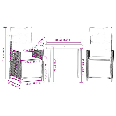 3 Piece Garden Dining Set with Cushions Grey Poly Rattan