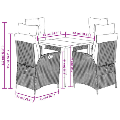 5 Piece Garden Dining Set with Cushions Grey Poly Rattan