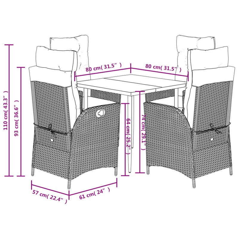 5 Piece Garden Dining Set with Cushions Grey Poly Rattan