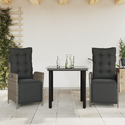 3 Piece Garden Dining Set with Cushions Grey Poly Rattan