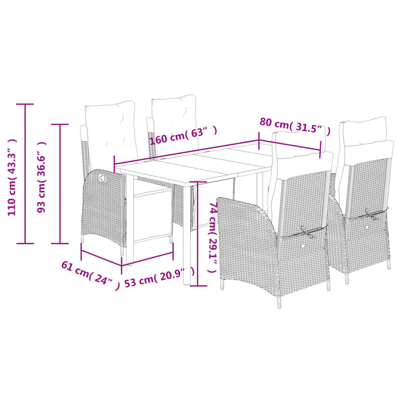 5 Piece Garden Dining Set with Cushions Grey Poly Rattan