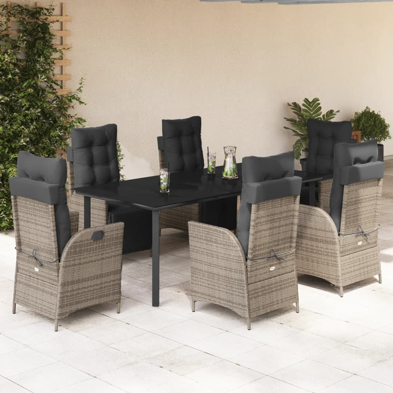 7 Piece Garden Dining Set with Cushions Grey Poly Rattan