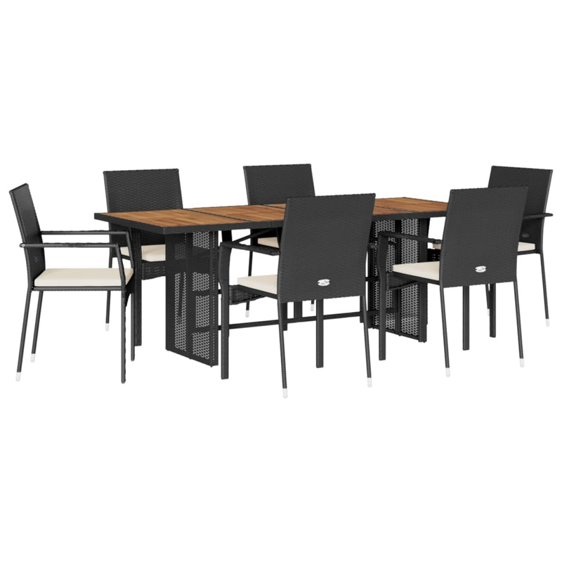 7 Piece Garden Dining Set with Cushions Black Poly Rattan