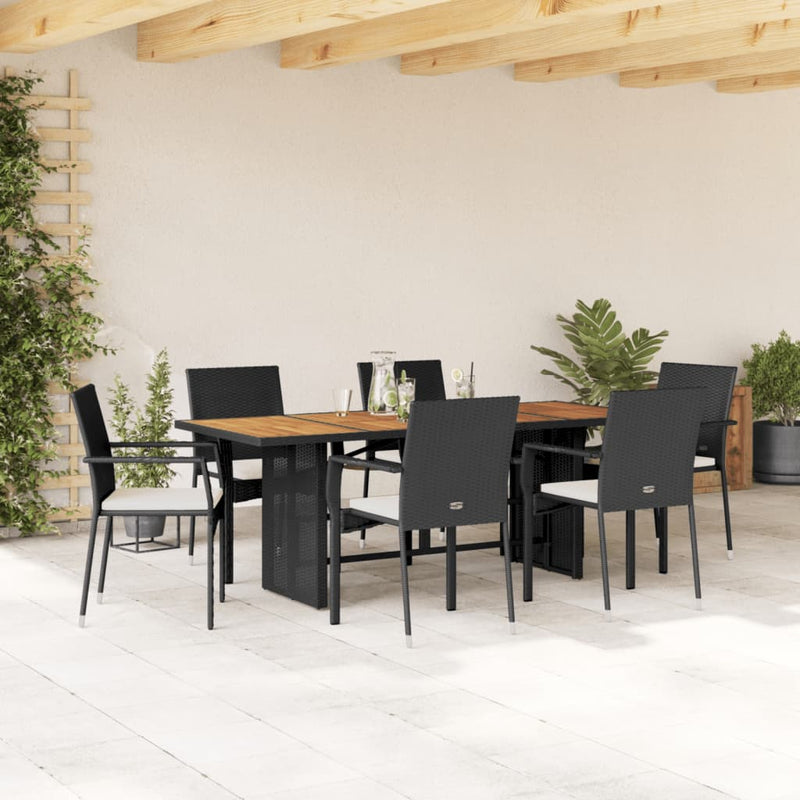 7 Piece Garden Dining Set with Cushions Black Poly Rattan