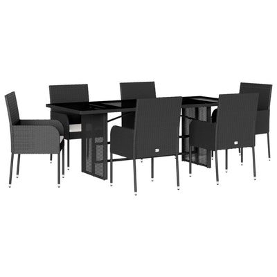 7 Piece Garden Dining Set with Cushions Black Poly Rattan