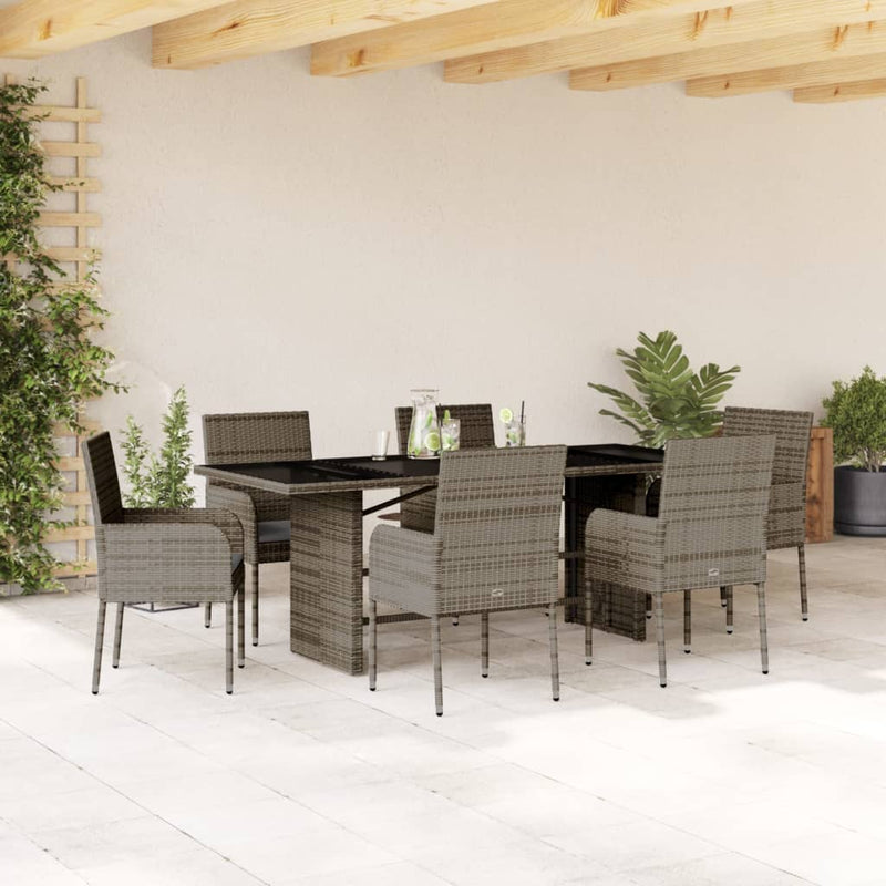 7 Piece Garden Dining Set with Cushions Grey Poly Rattan