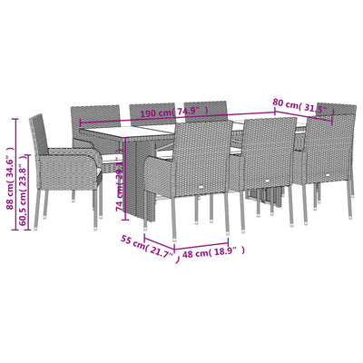 9 Piece Garden Dining Set with Cushions Grey Poly Rattan