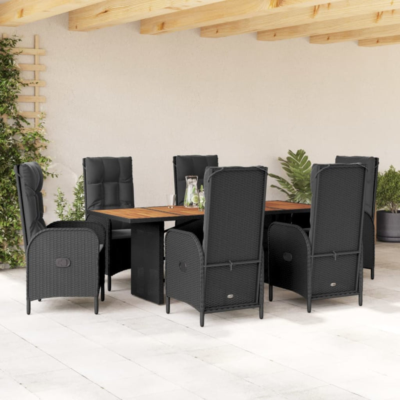 7 Piece Garden Dining Set with Cushions Black Poly Rattan