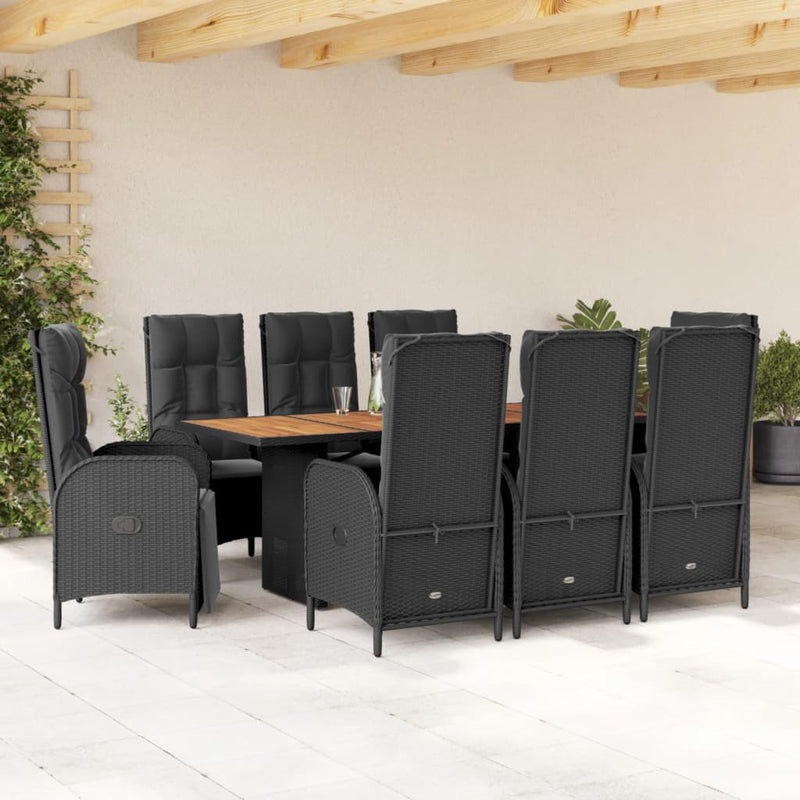 9 Piece Garden Dining Set with Cushions Black Poly Rattan