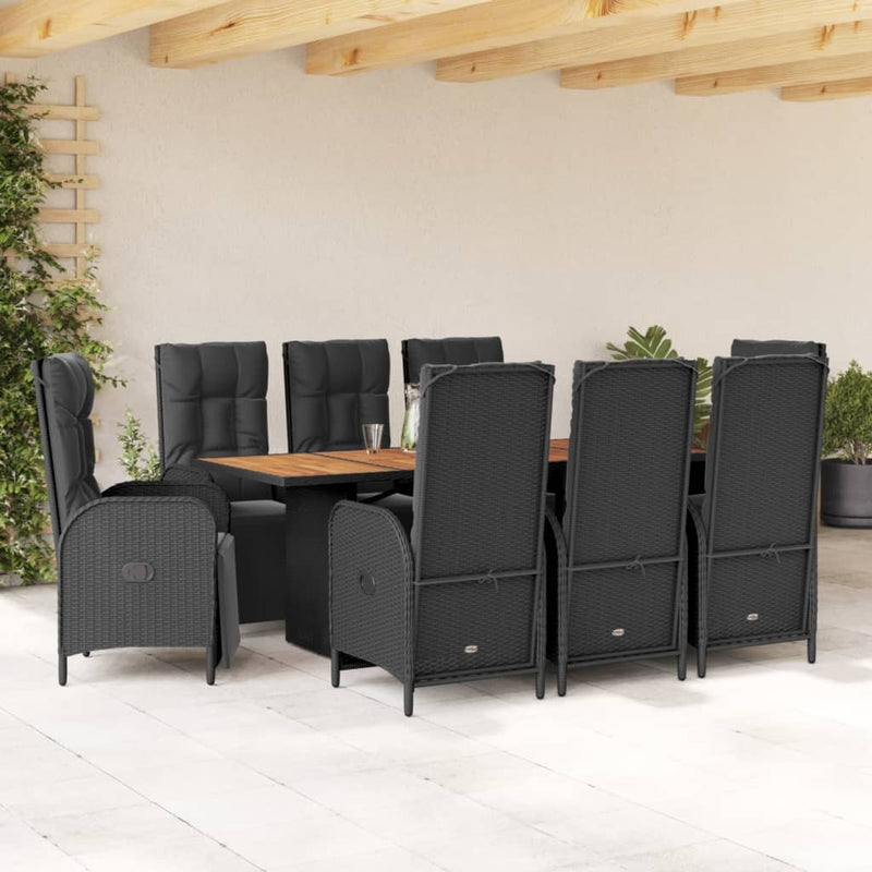 9 Piece Garden Dining Set with Cushions Black Poly Rattan