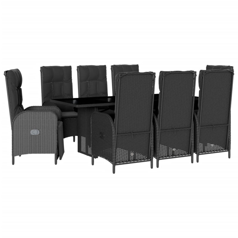 9 Piece Garden Dining Set with Cushions Black Poly Rattan