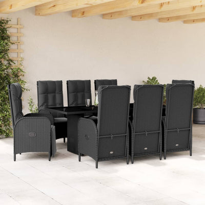 9 Piece Garden Dining Set with Cushions Black Poly Rattan