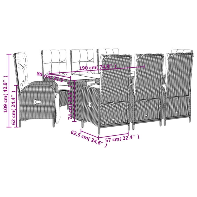 9 Piece Garden Dining Set with Cushions Grey Poly Rattan