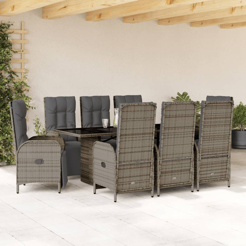 9 Piece Garden Dining Set with Cushions Grey Poly Rattan