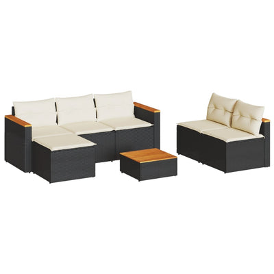 5 Piece Garden Sofa Set with Cushions Black Poly Rattan Acacia