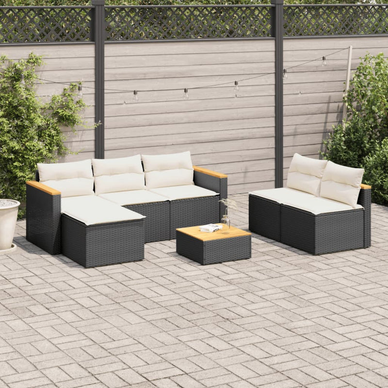 5 Piece Garden Sofa Set with Cushions Black Poly Rattan Acacia